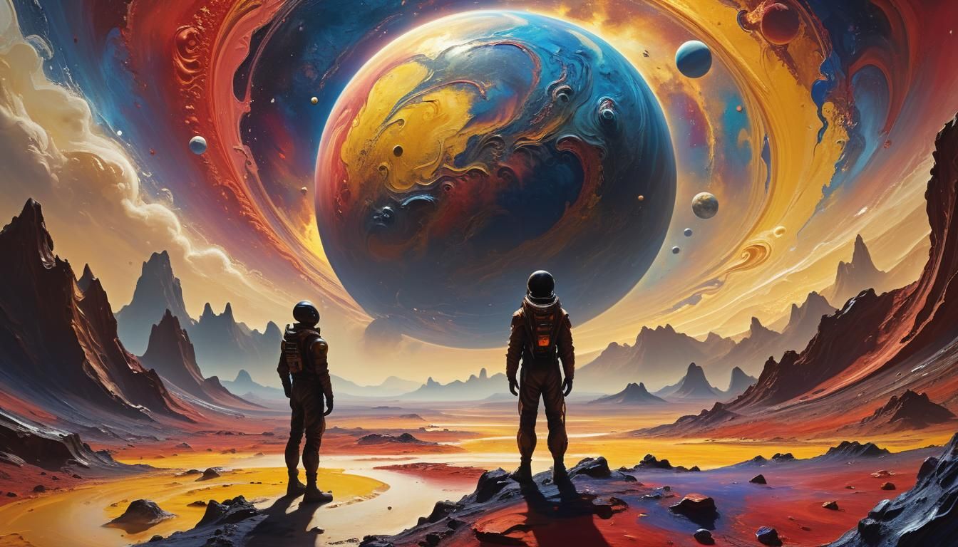 Galactic Masterpiece: Alien Curator in Front of Vibrant Exop...