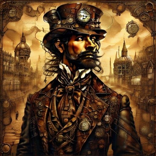 Steampunk Victorian Couple in Sepia Landscape