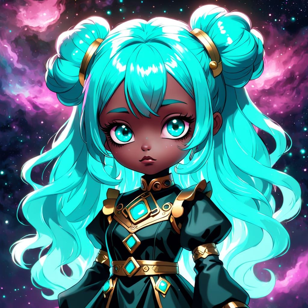 Dark Fantasy Chibi Doll Portrait with Nebula Hair