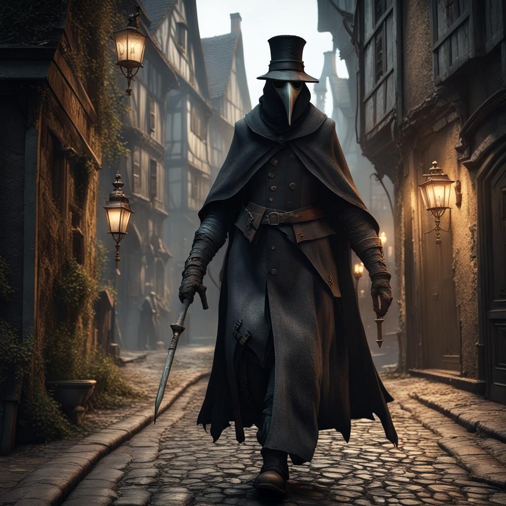 Plague Doctor in Medieval Street, Dark Fantasy Art