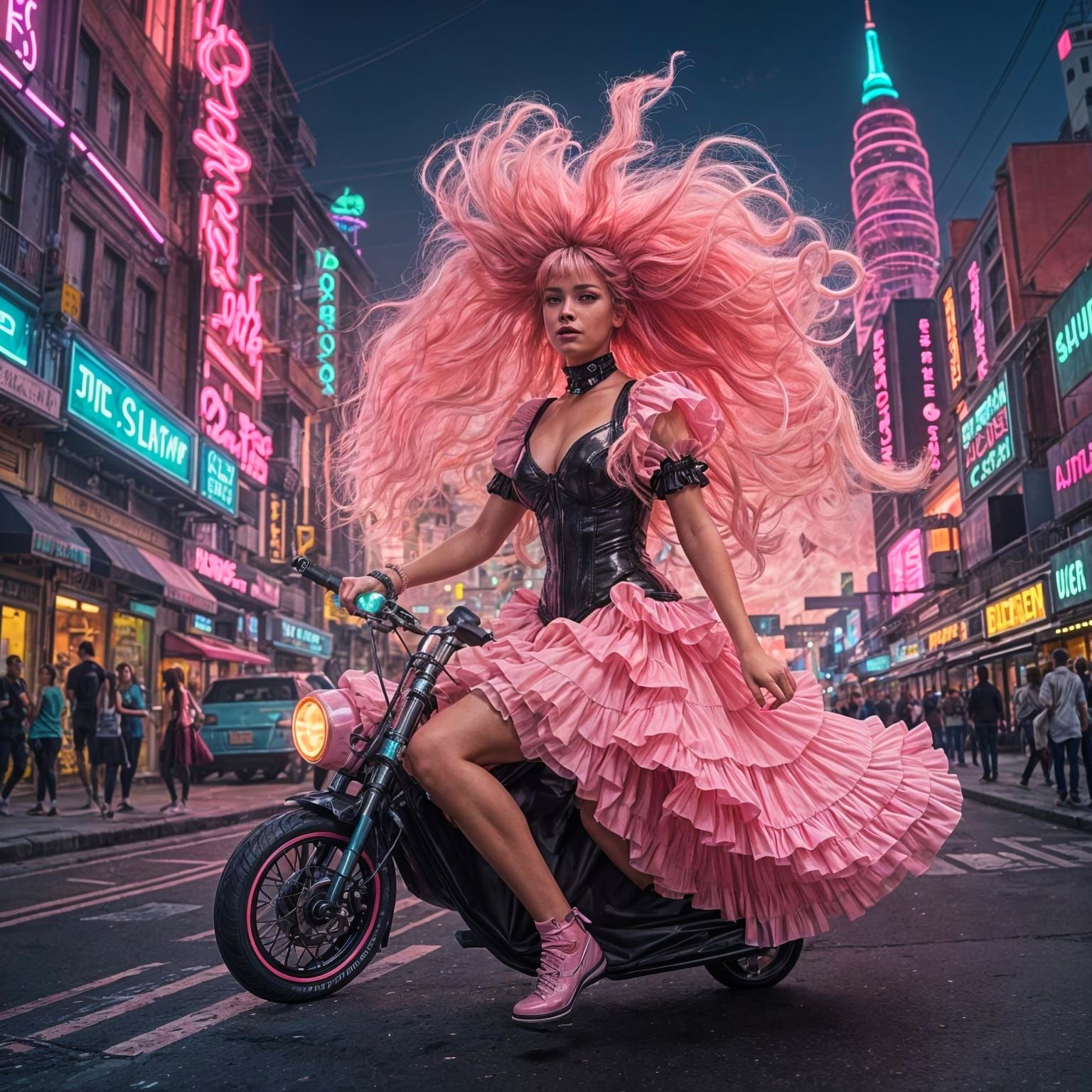 Cyberpunk Surfer Girl Rides Rocket Powered Surfboard in Neon...