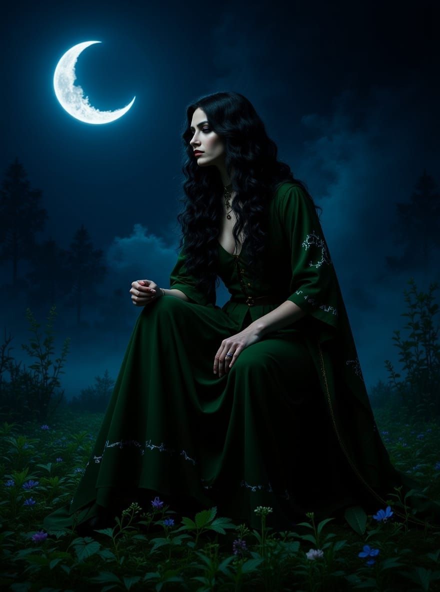 Enchanting Black Witch Garden Under Crescent Moon