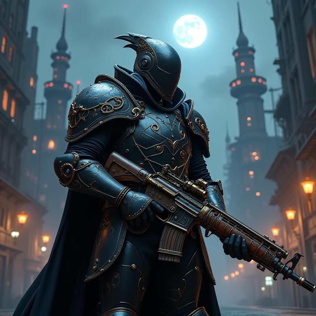 Gothic Steampunk Warrior in Dystopian Metropolis