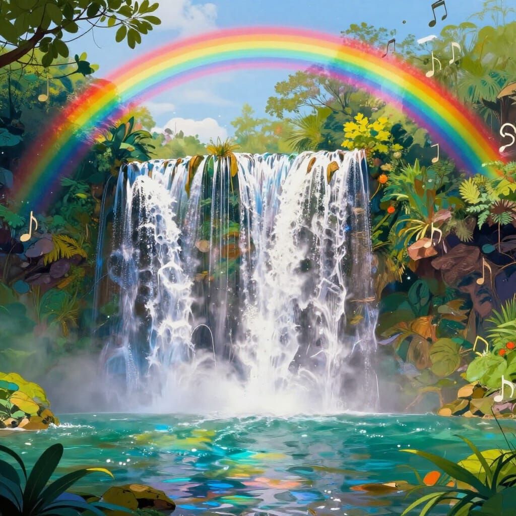 Majestic Waterfall with Double Rainbow and Musical Notes