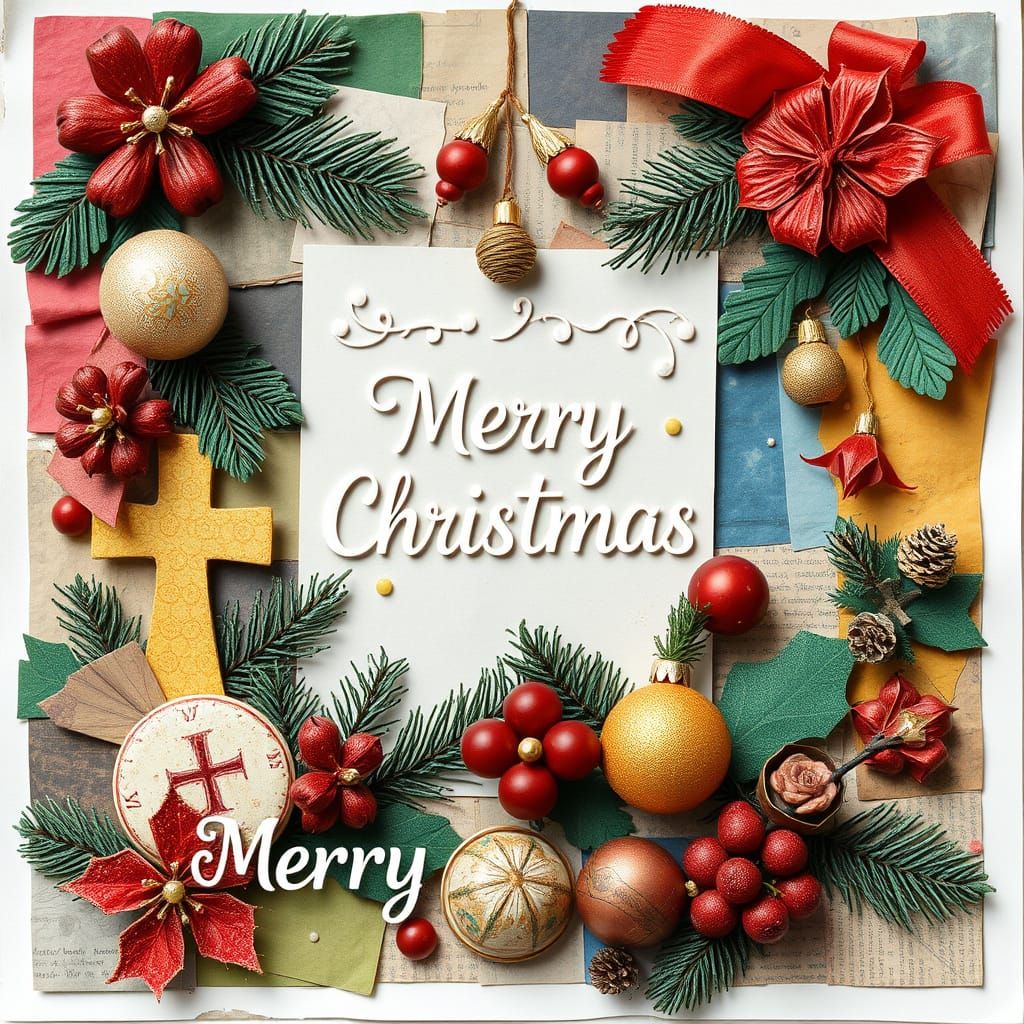 Christmas Card Collage With Multicolor Prism Assemblage