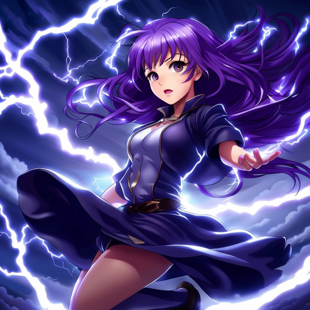 Anime Woman with Purple Hair in Lightning Storm