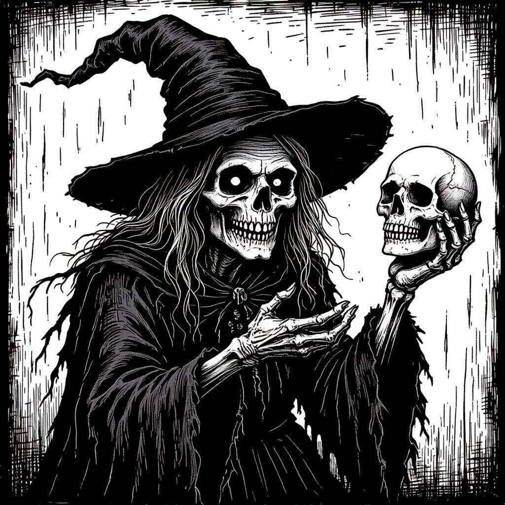Scary Old Witch with Skull, High Contrast Line Art