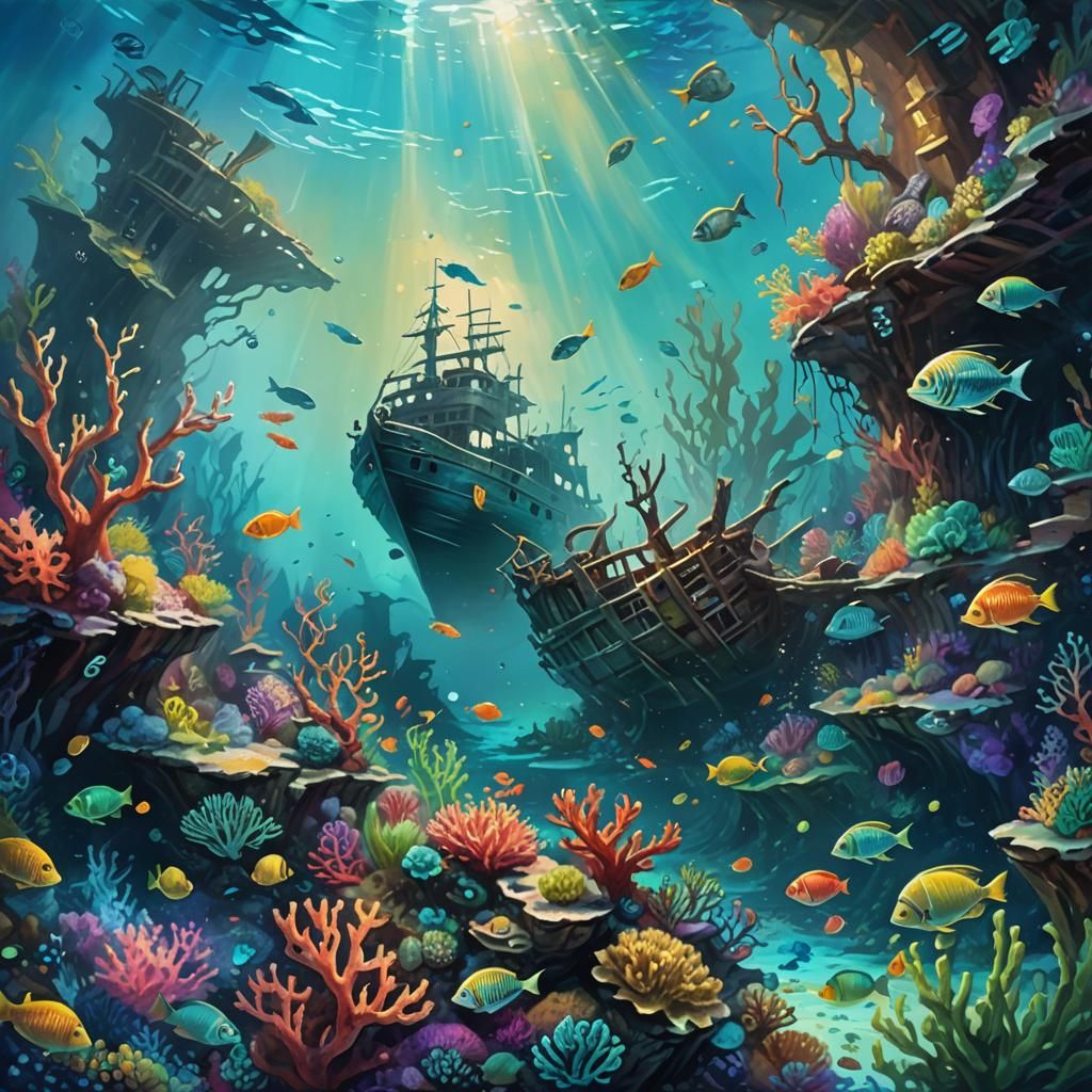 Vibrant Shipwrecks and Coral Reefs in Oil Painting Style