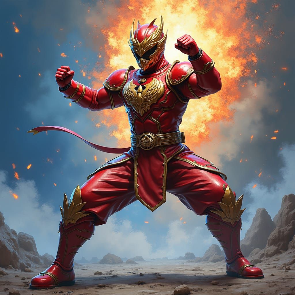 Epic Red and Gold Super Sentai Warrior in Dynamic Battle Pos...