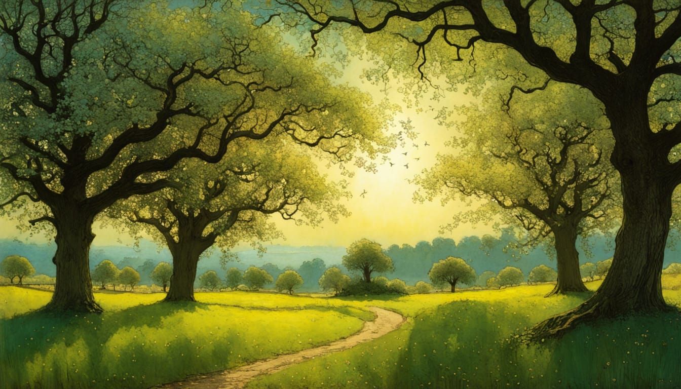 Impressive Summer Orchard Scene in Vibrant Ink Style