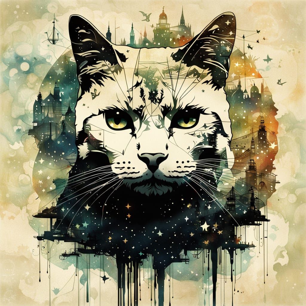 Cosmic Feline Silhouette in Hyperdetailed Double Exposure