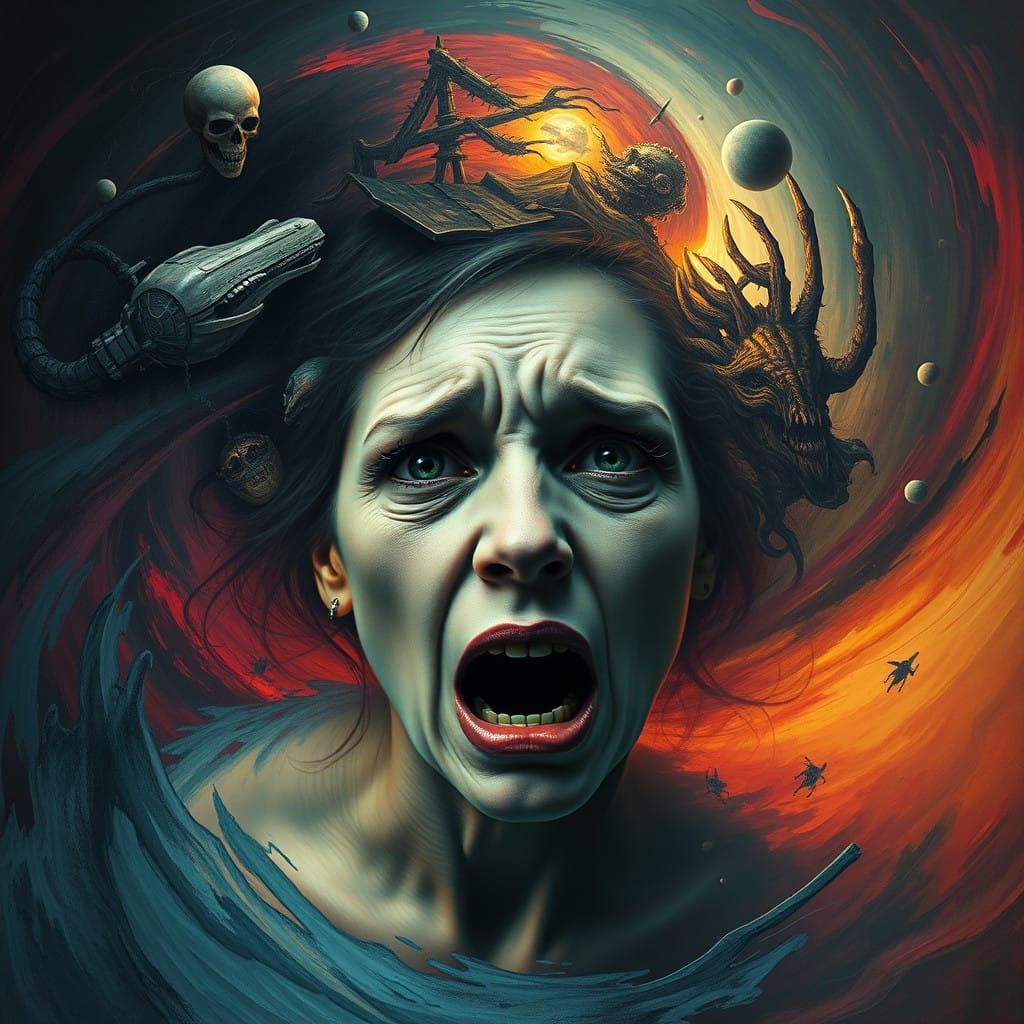 Surrealist Nightmare Scene in Vibrant Colors