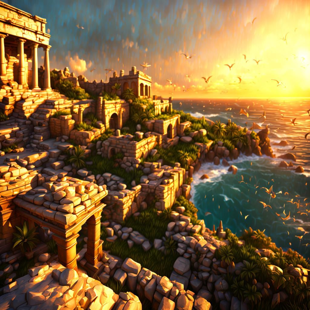 Coastal Ruins at Golden Hour: Photorealistic Landscape