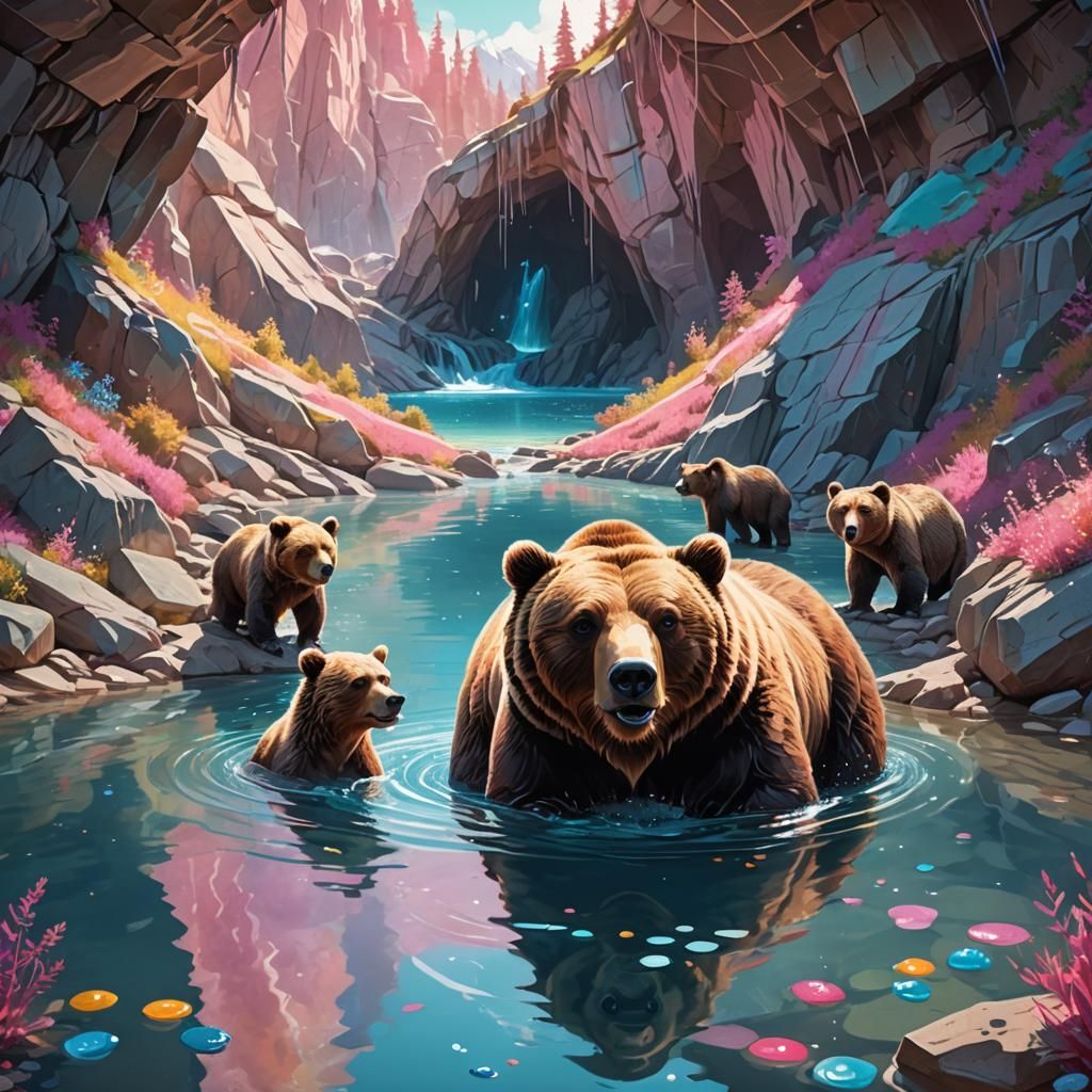 Grizzly Bear Family in Candy Art Style