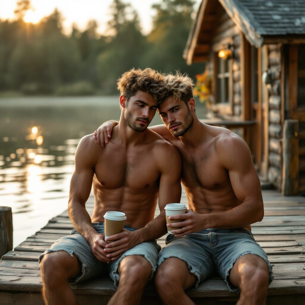 Sunrise Serenity: Friends on Dock at Fishing Cabin