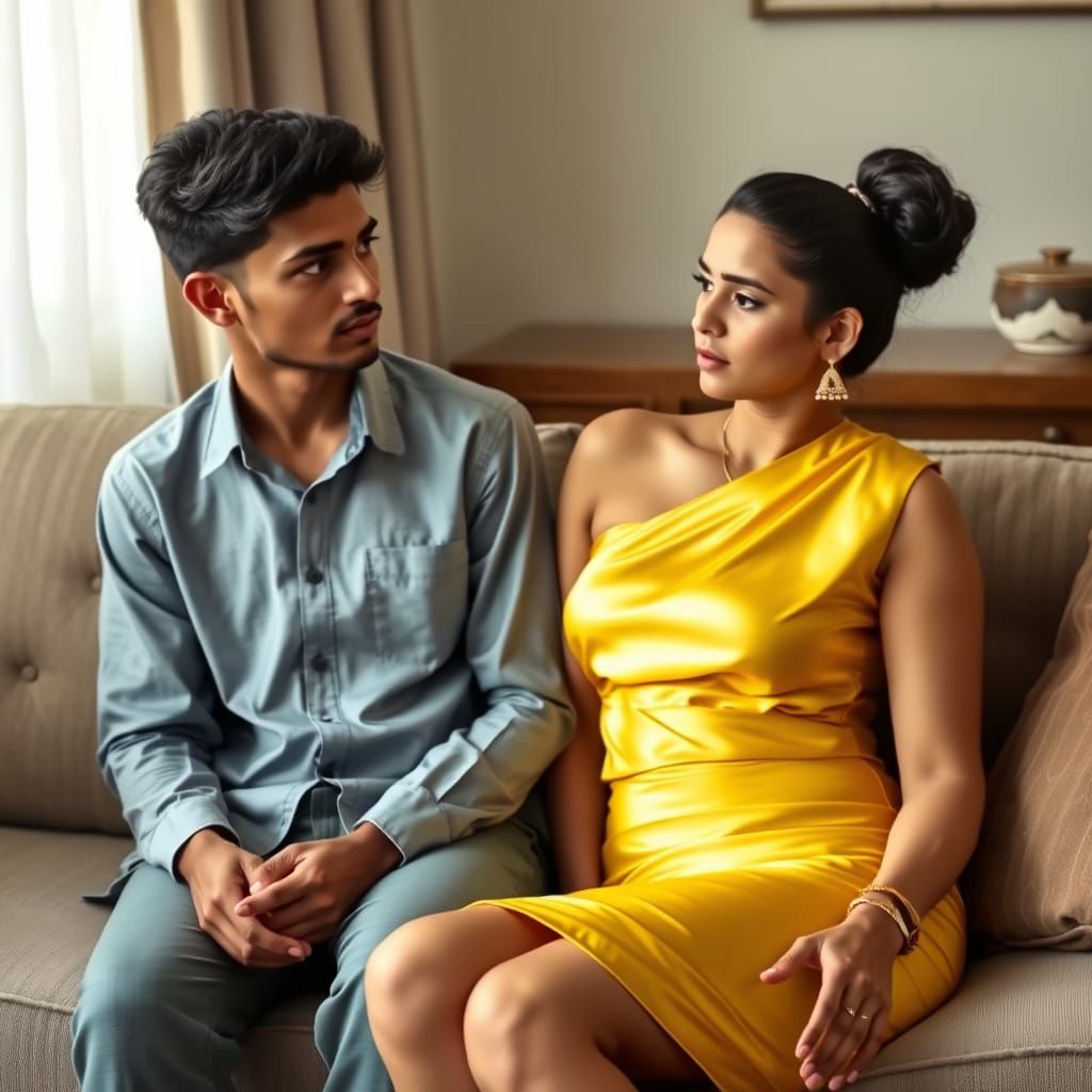 Elegant Indian Woman in Yellow Silky Outfit on Sofa