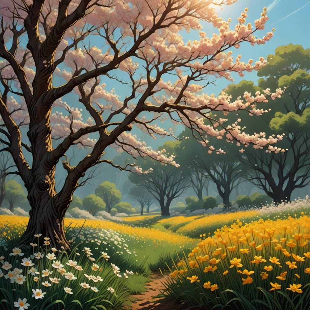 Surreal Cherry Blossom Field in Pastel Hues