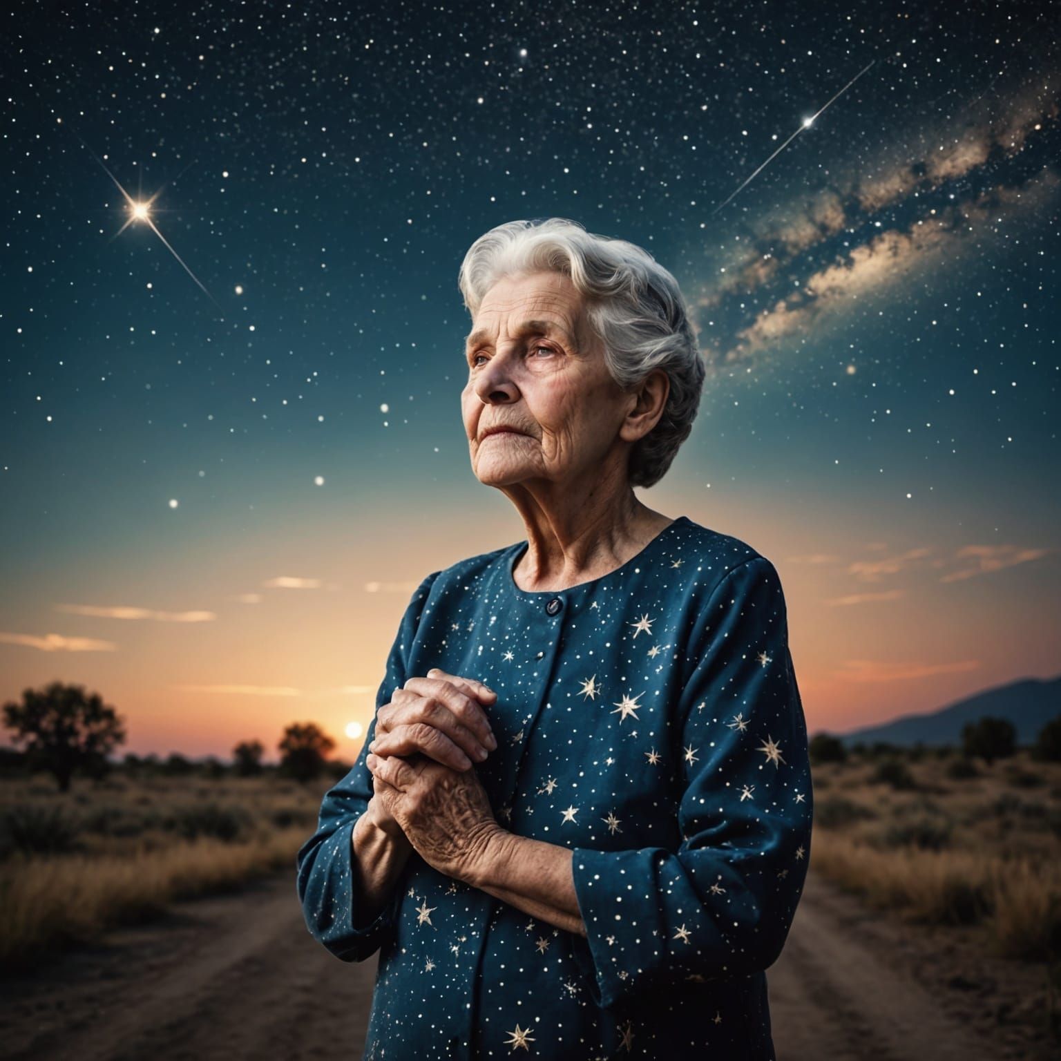 Elderly Woman and Death Under Starry Sky