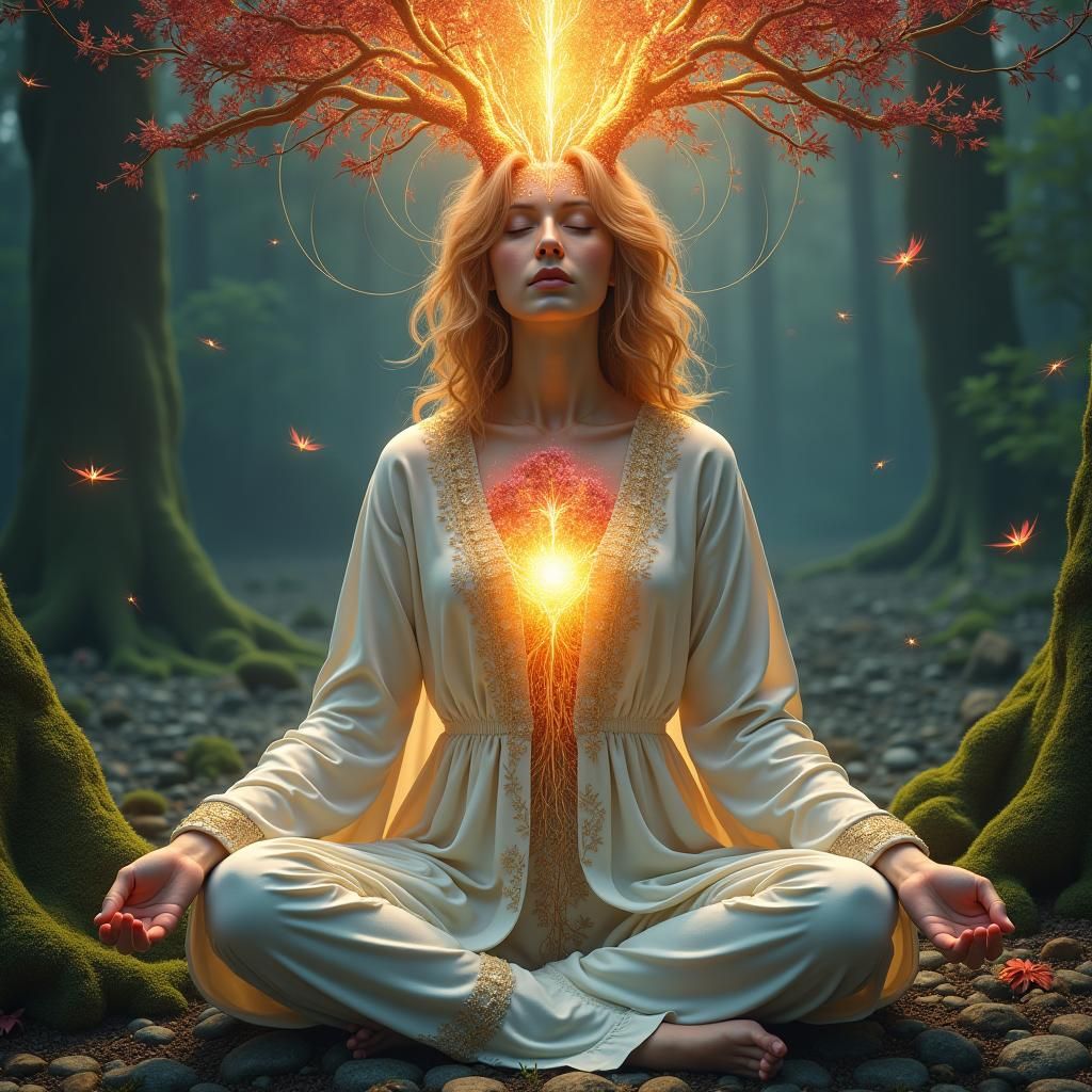Meditating Woman Sending Light to Earth