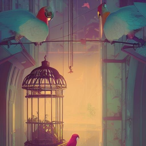 Lonely Parrot in Silkpunk Birdcage: Anime Matte Painting