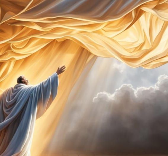 Artistic depiction of a long ecclesiastical cape falling down from the prophet Elijah to the feet of succeeding prophet...