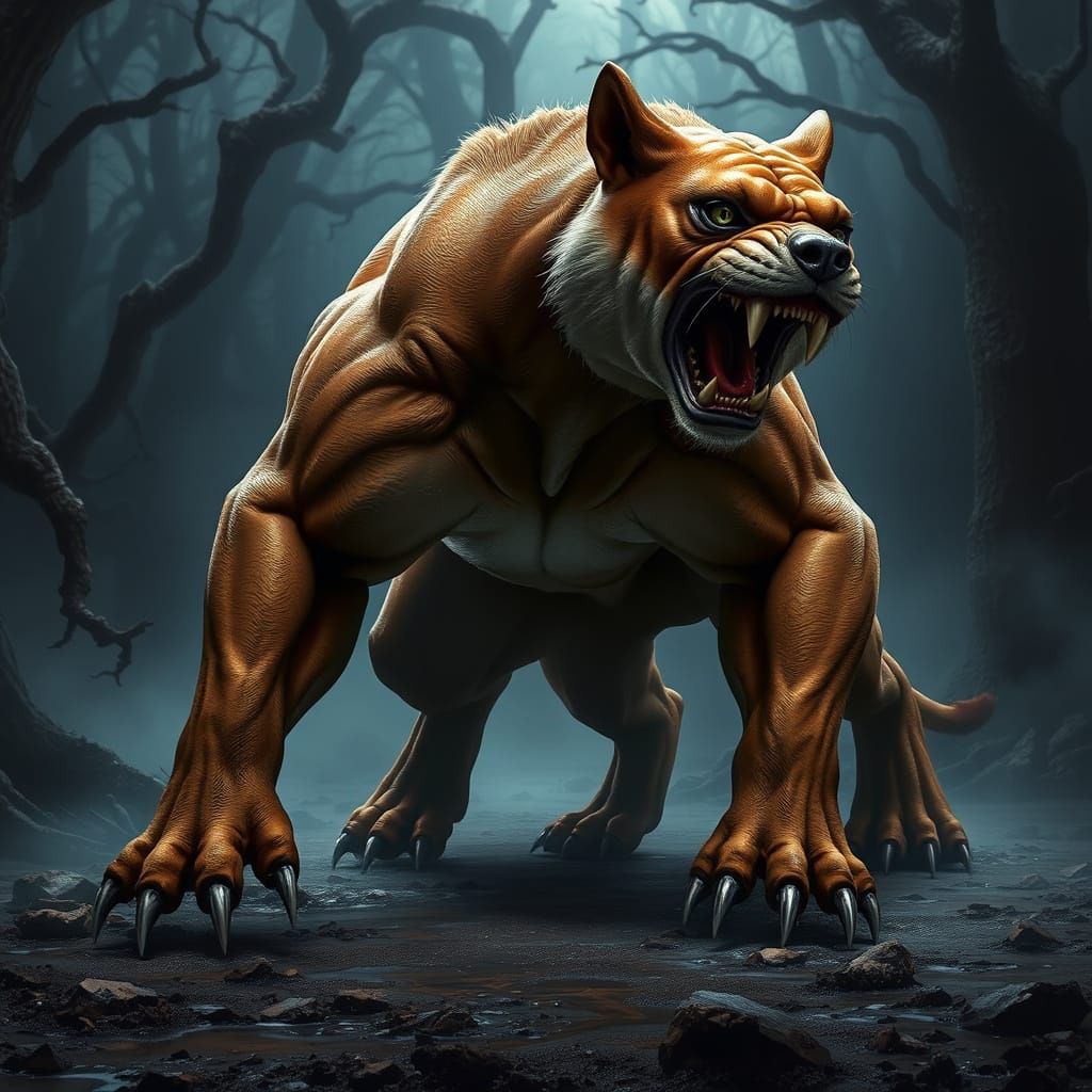 Fearsome Feline Canine Hybrid in Battle Stance