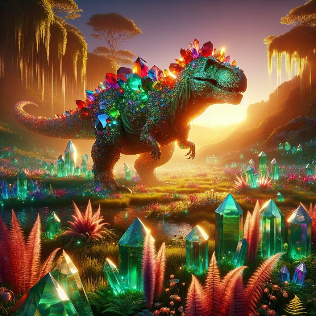 Surreal Fantasy Landscape with Gemstone Dinosaur in Sunset G...