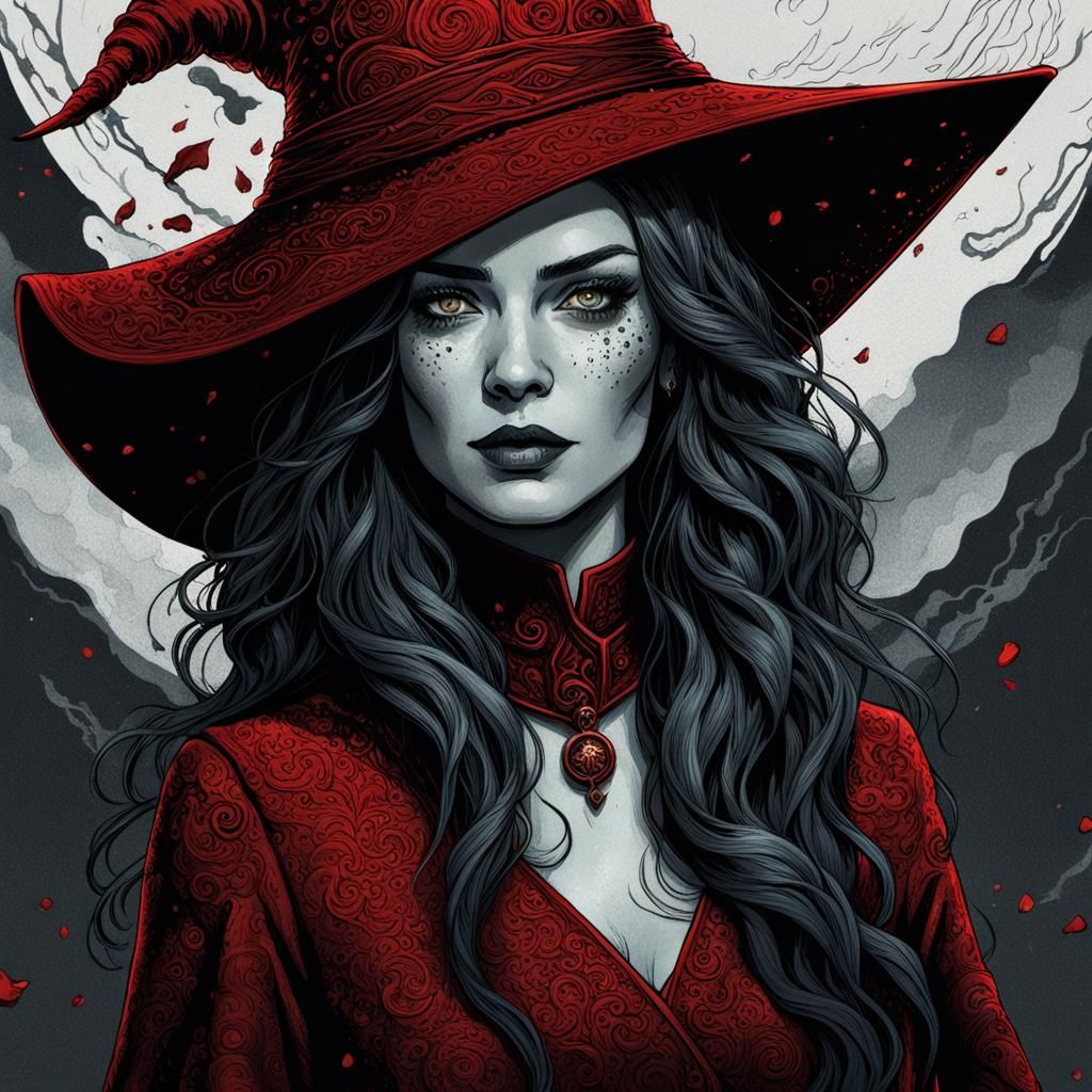 Monochromatic Red Horror Art: Woman in Red Hat