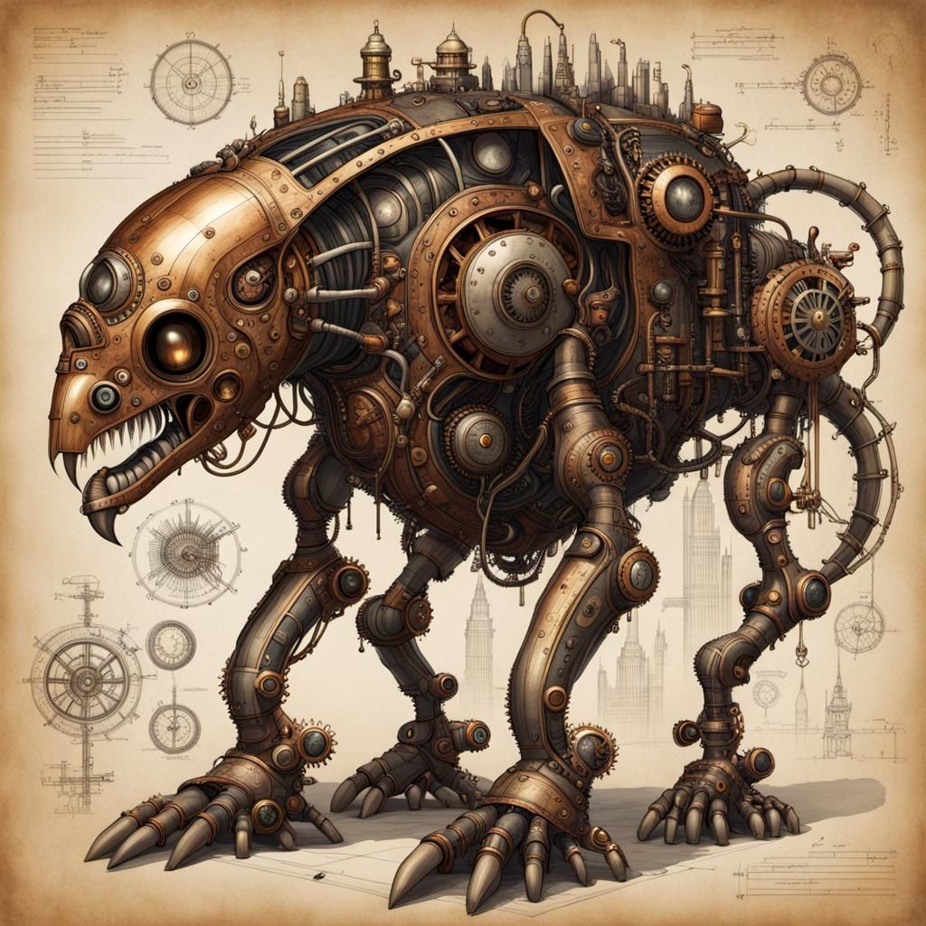 Steampunk Creature Technical Drawing With Intricate Details
