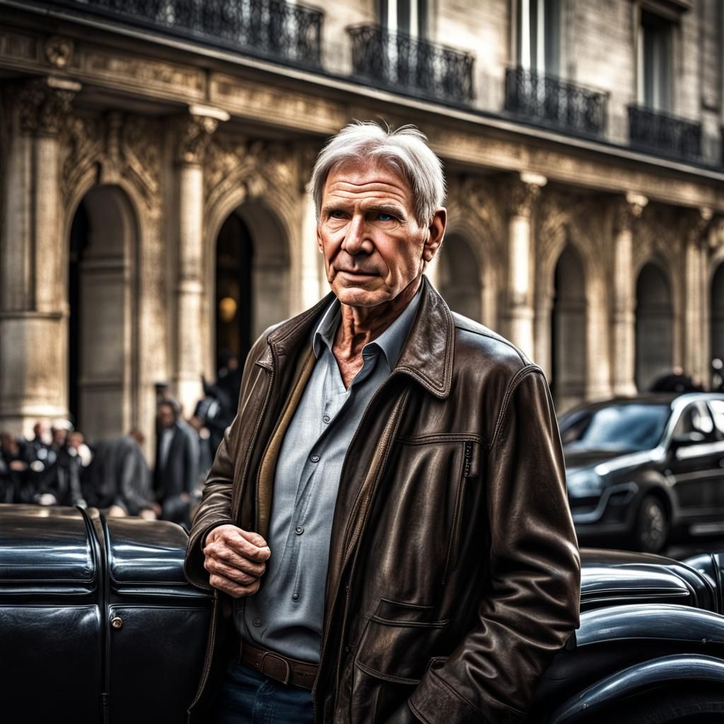 Hyperrealistic Harrison Ford in Paris