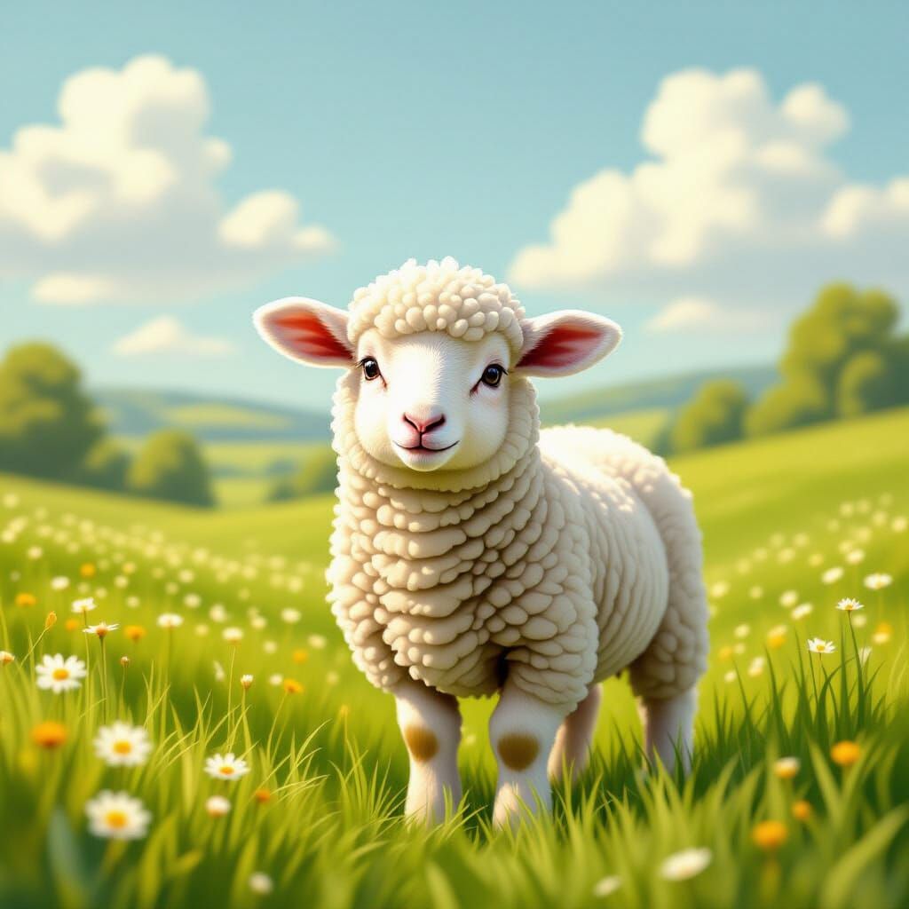 Timid Lamb in Meadow Inspired by Beatrix Potter