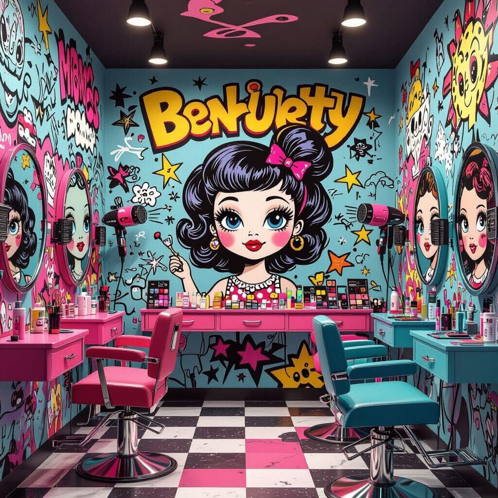 Banksy-Style Mural of a Kids' Beauty Salon in Pop Art