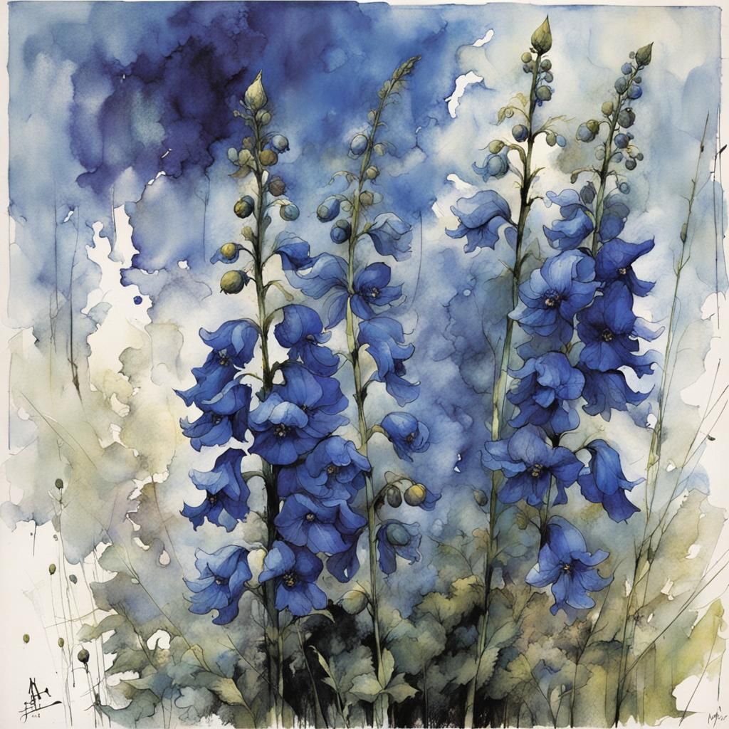 Delphinium and Monkshood Illustration