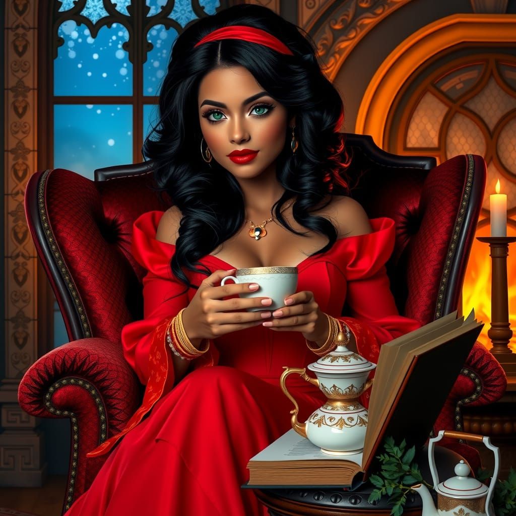Mocha Beauty in Ruby Red Ball-Gown by the Fireplace