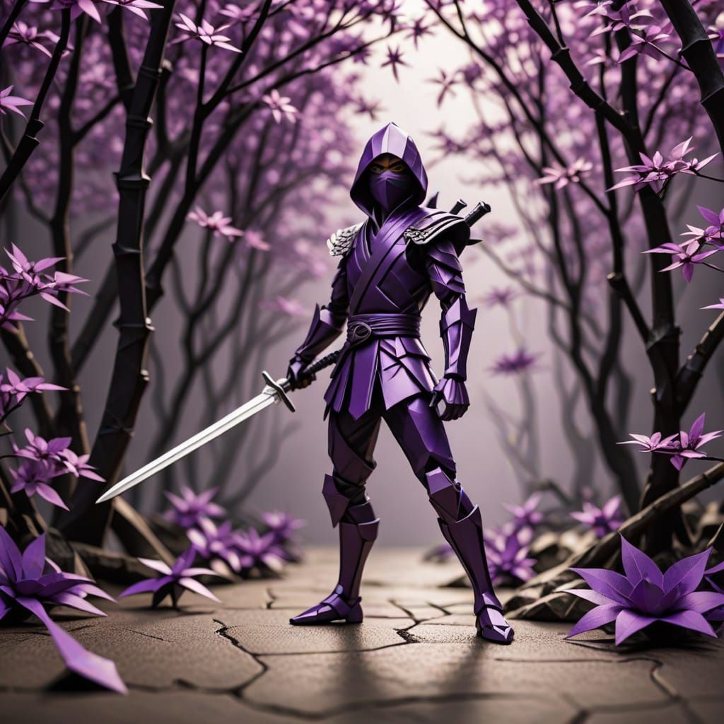 Origami Ninja with Silver Sword in Papercraft Style