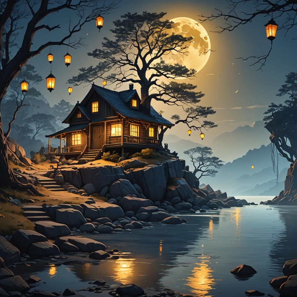 Cozy Cabin on Rocky Shore: Digital Concept Art