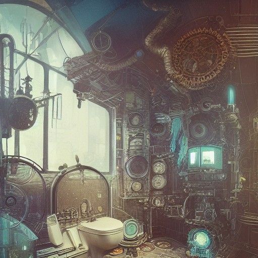 Steampunk Space Station Bathroom in Matte Painting Style