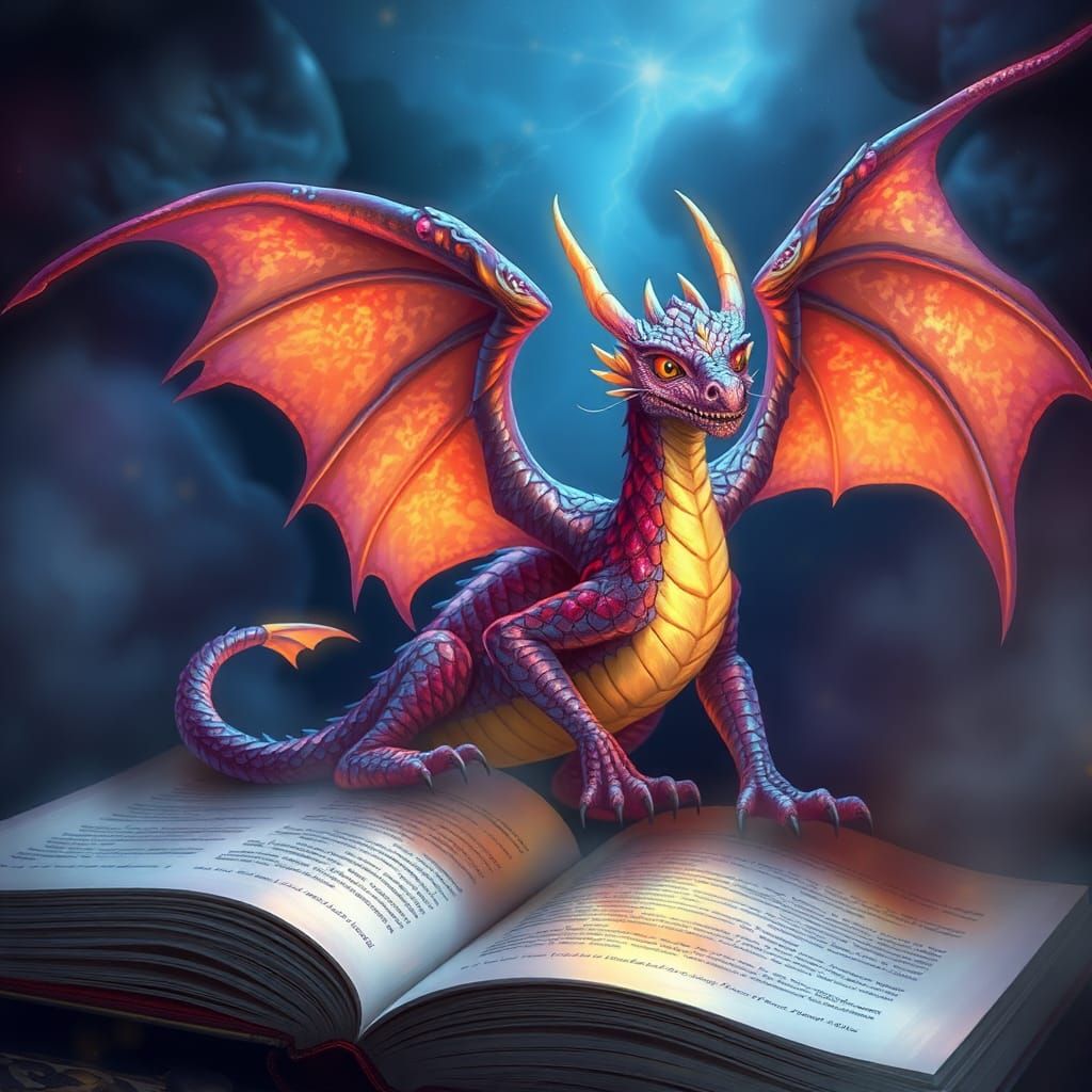 Fantasy Dragon Emerges from Book, Hyperdetailed Art