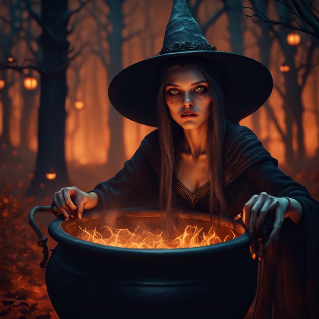 Halloween Witch in Woods: Detailed Matte Painting