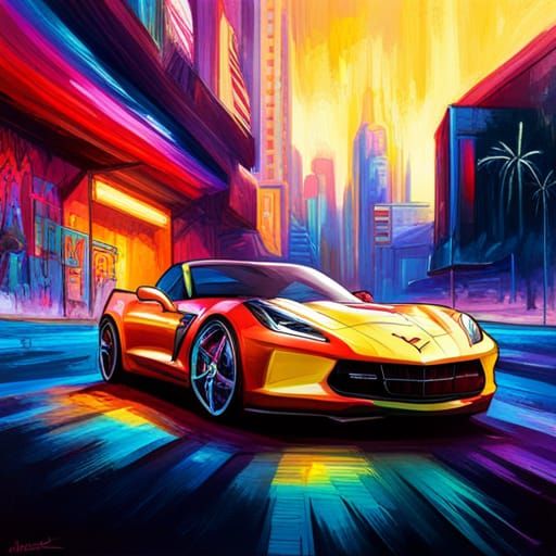 Rainbow Corvette: Graffiti Art in Synthwave Neon Style