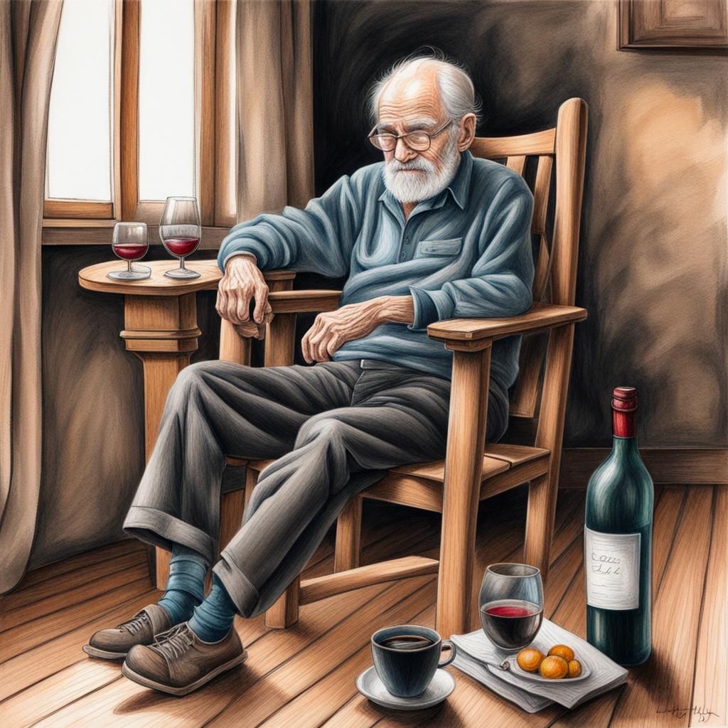 Old Man with Wine: Black and Color Pencil Drawing