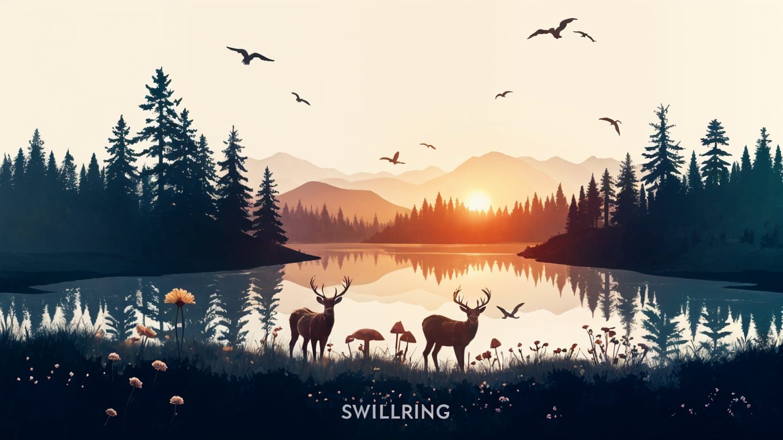 Multilayered Silhouette Splash Art of River Landscape and Wi...