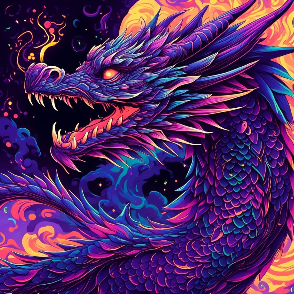 Luminescent Dragon in Blacklight Art Style
