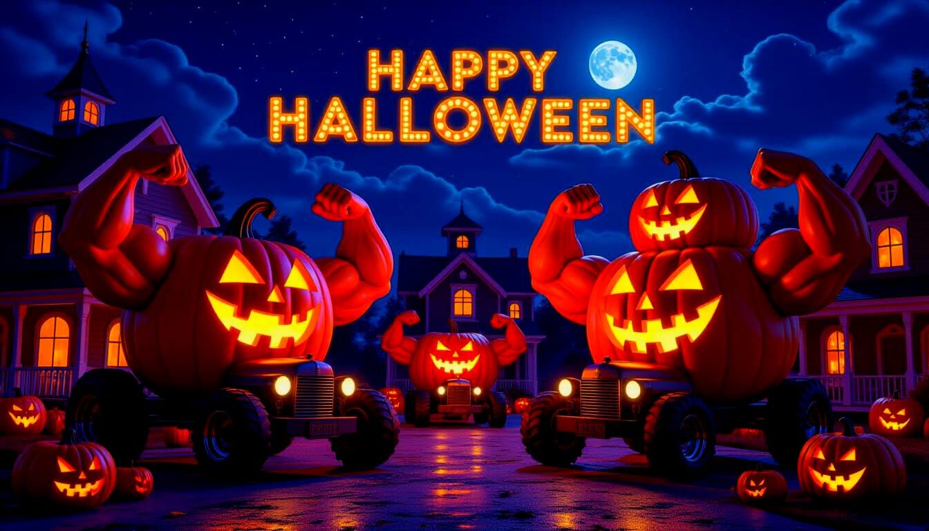 Muscular Pumpkin Village Halloween Art