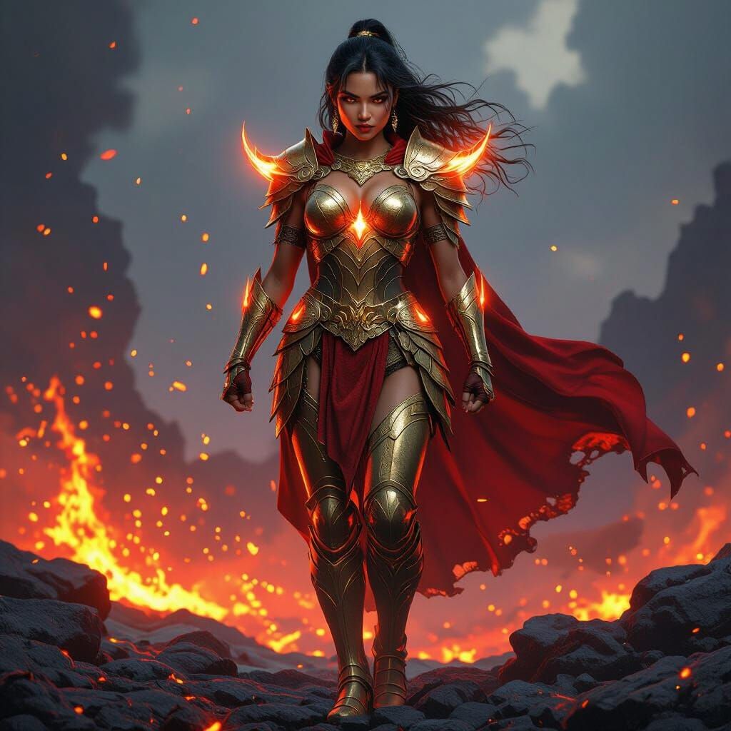 Filipina Hero in Red Gold Armor on Volcanic Rocks