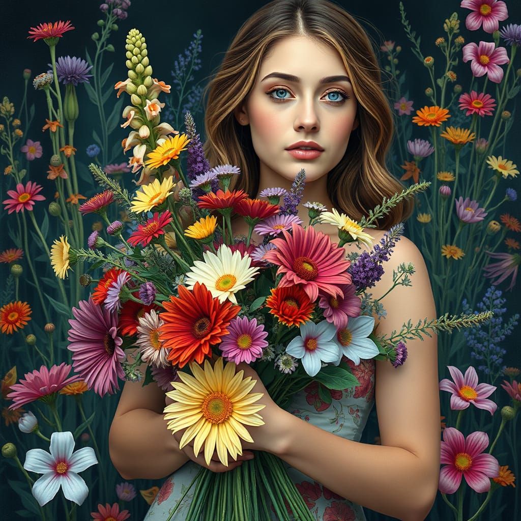 Woman with Flowers in Fantasy Realism Style