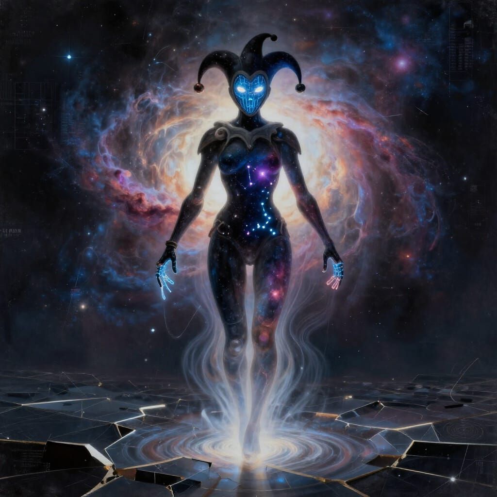 Cosmic Enforcer: Tiny Figure in Deep Space Style