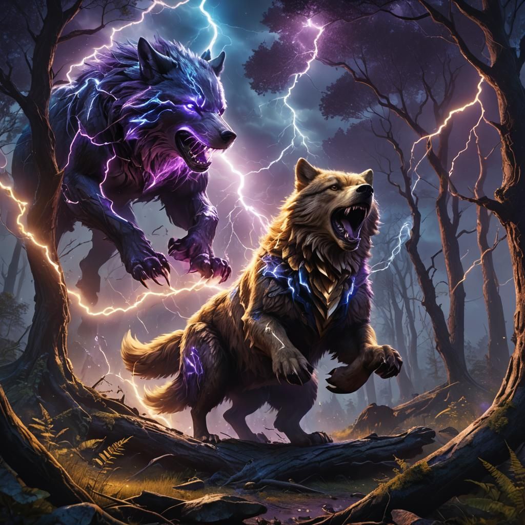 Fantasy Wolf and Teddy Bear Amidst Glowing Ooze
