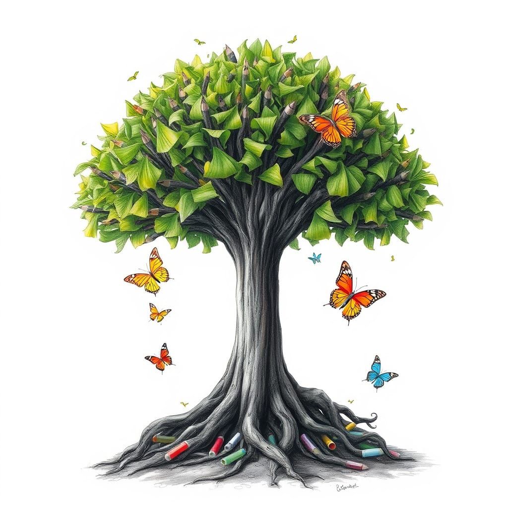 Fantastical Tree Grows from Pencil in Charcoal Drawing Style