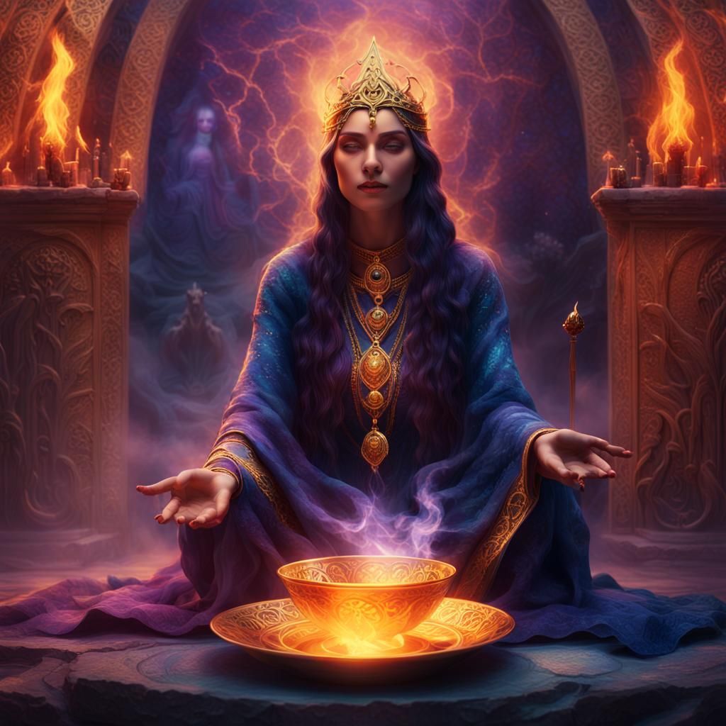 Mysterious Priestess with Fire: Fantasy Matte Painting